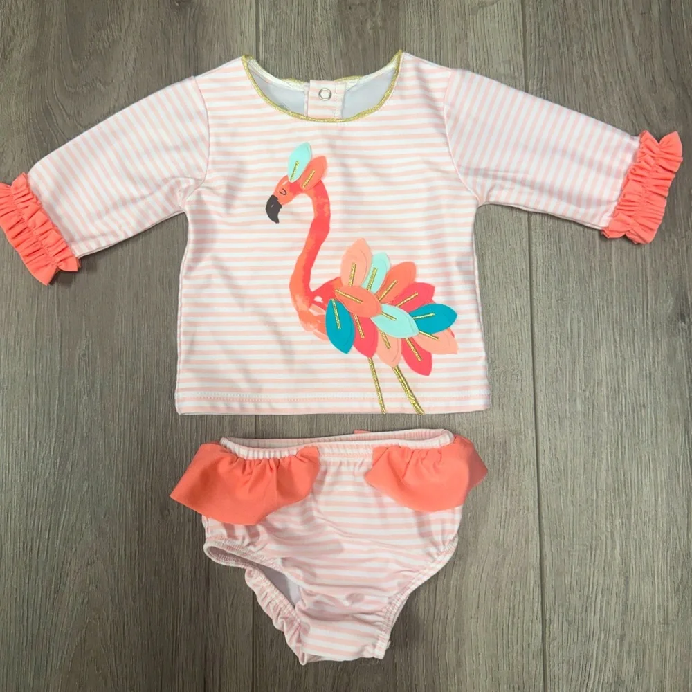 Mud Pie Adorable Baby Swimsuit, 3-6 months, Flamingo design with stripes ruffles